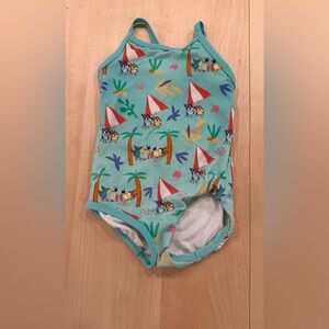 Hanna Andersson Turquoise One-Piece Swimsuit with Playful Beach Print